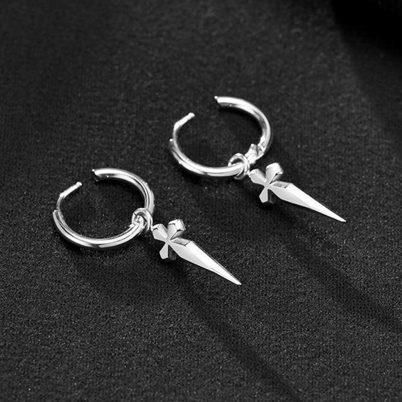 Solid Sterling Silver Dagger Sword Dangle Drop Men's Huggie Cross Hoop Earrings - Picture 2 of 3
